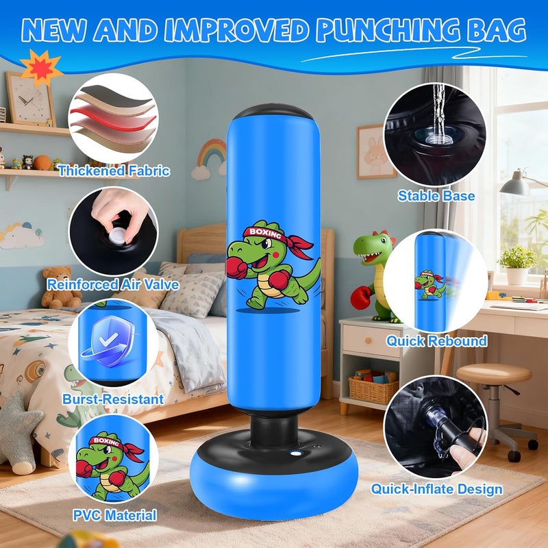 Qoosea Inflatable Punching Bag for Kids: 48 Inches Kids Punching Bags with Boxing Gloves & Air,Pump Blue Dinosaur Design Gift for Toddler & Kid Ages 3-10,Easy to Inflate,Durable Safe Punch Bag - Image 3